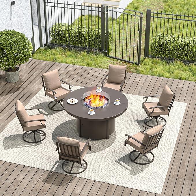 7 Pieces Outdoor Patio Furniture Set with 48" Round Propane Fire Pit Table,Patio Dining Set Outdoor Conversation Sets 6 Swivel Chairs for Deck,Backyard and Garden,Brown
