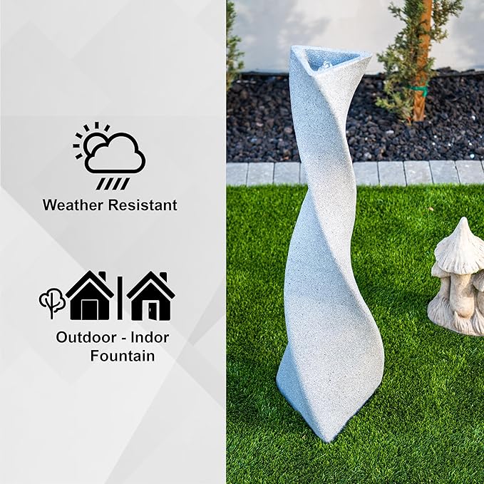 XBrand 39 in. H Freestanding Resin Fiberglass Sculptural Modern Twisted Pilar Outdoor Garden Fountain w/LED Light, White