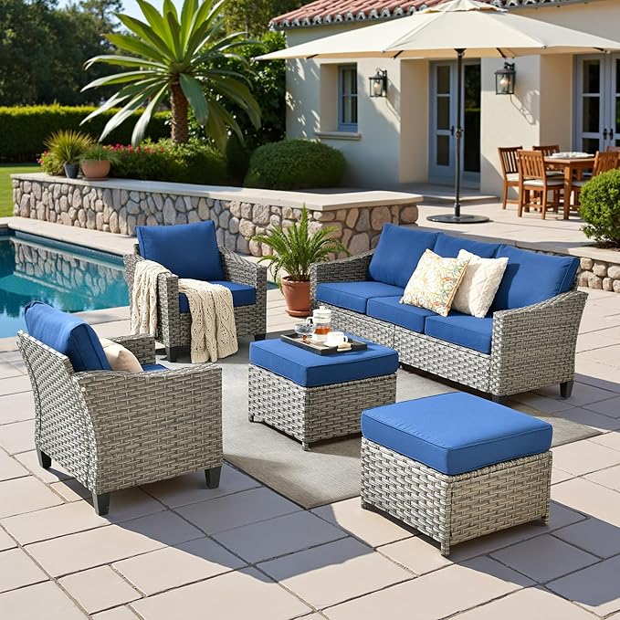 5 Pcs Patio Conversation Set for 7 Seats, Rattan Wicker Outdoor Patio Furniture Set, 2 x Single Chair, 2 x Ottoman, 3-Seat Sofa for Lawn Garden Backyard(Blue)