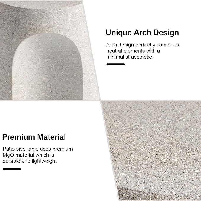 HOMPUS Outdoor Side Table Set of 2, Unique Patio End Table w Arch Shape, Round MgO Lightweight Concrete Accent, Modern Vintage Garden for Indoor Outdoor Use, White