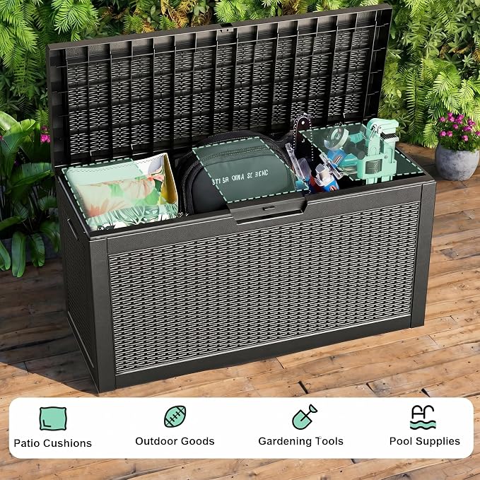 DRATO 60 Gallon Deck Box, Waterproof Resin Large Outdoor Storgae Box for Patio Furniture, Patio Cushions, Gardening Tools, Pool Supplies, Lockable (Black, 60 Gallon)