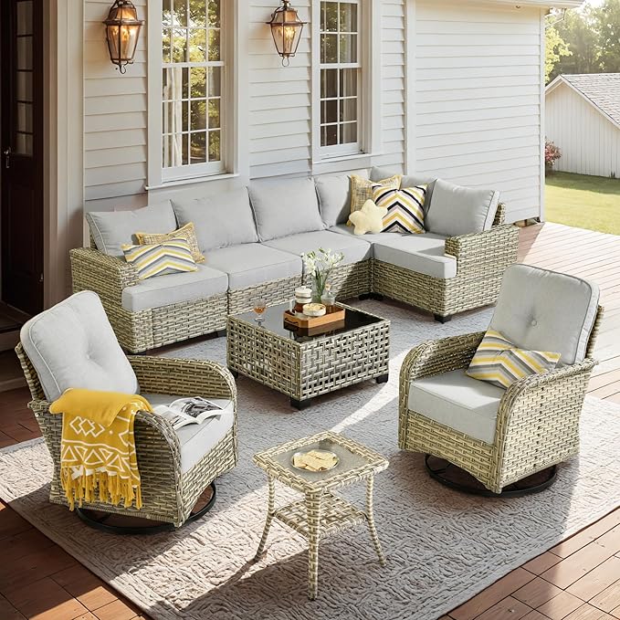 9 Piece Patio Furniture All Weather 7-Seater Outdoor Sectional Sofa with Patio Swivel Chairs and Solar Powered Coffee Table for Porch,Garden,Backyard,Deck(Grey)