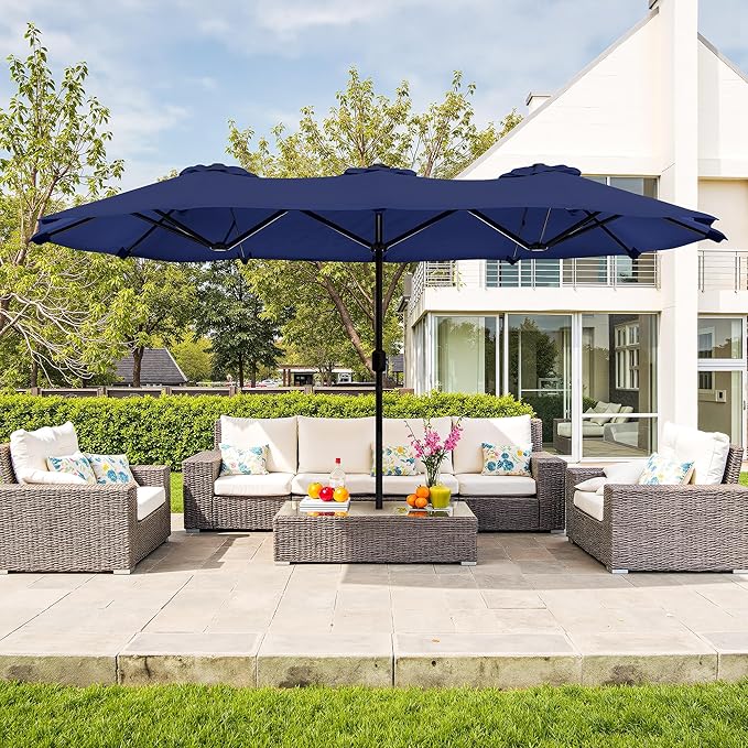 Vongrasig 15FT Large Patio Umbrella with Base Included, Outdoor Double sided Umbrellas with Crank Handle, Rectangle Table Umbrella for Pool Lawn Garden Market