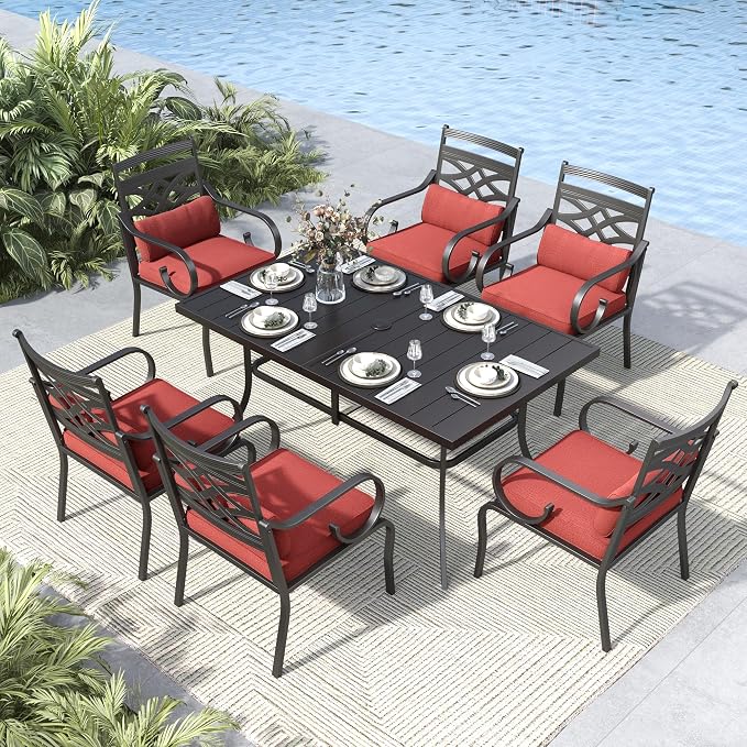 MFSTUDIO 7 PCS, Patio Dining Set, 59"×35", Umbrella Hole, Red | Steel, Metal, E-coated frame