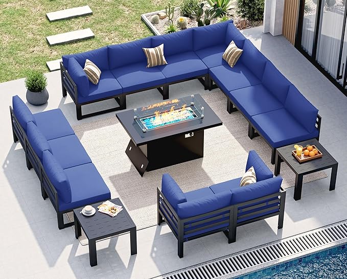 NICESOUL 15 Pcs Large Modern Aluminum Patio Furniture Set with Fire Pit Table Propane/Gas, L Shaped Sectional Sofa with Side Table, 500 lbs Heavy Duty Comfy Outdoor Couch for Backyard Lawn, Navy Blue