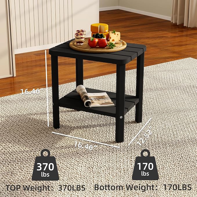 EasyUp Outdoor Side Table & End Table, 2-Tier Waterproof Resin Patio Table, Square End Table with Shelf for Porch, Balcony, Garden, All-Weather Black Outdoor Side Table for Lounge Chairs