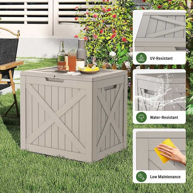 Mars Villa 31 Gallon Deck Box, Outdoor Storage Box Waterproof, Outside Resin Storage Bin for Outdoor Patio Furniture Cushion, Pool Supply, Garden Tool, UV-Resistant and Weatherproof, Greige Barn