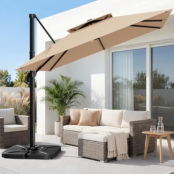 AreShark 11×11FT Double-Top Cantilever Patio Umbrella, Square Offset Umbrella with 360 Degree Rotation, Heavy Duty Patio Umbrella for Garden Deck Pool, 5 Tilt Angles, Beige