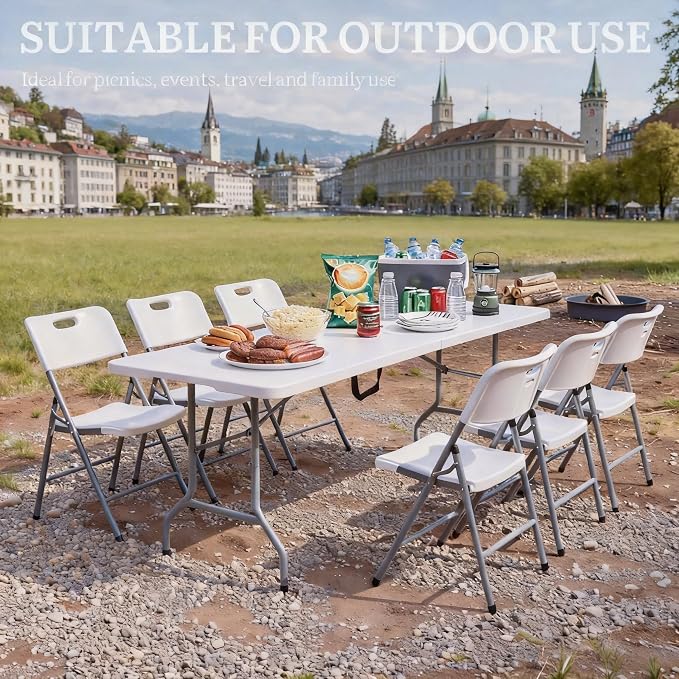 DWVO 6FT Folding Table, Heavy Duty Folding Tables with Carrying Handle, HDPE Fold up Table for Outdoor Camping Picnic Parties, Indoor Events (White)
