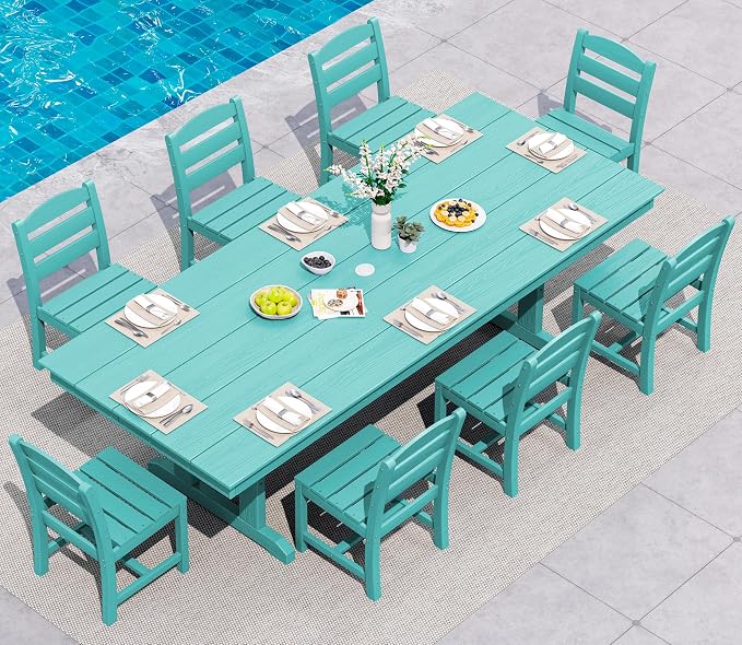 SERWALL 9 Piece 84" HDPE Outdoor Dining Set for 8 with Armless Chairs and Umbrelle Hole, Aruba