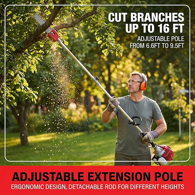 Homdox 58CC Gas Pole Saw, 2-Cycle Gas Powered Tree Trimmer with 11.5" Guide Bar, 16FT Reach Extension Pole Saw for Tree Trimming & Pruning, Includes 2 Chains, 2 Spark Plugs & Shoulder Strap, Red