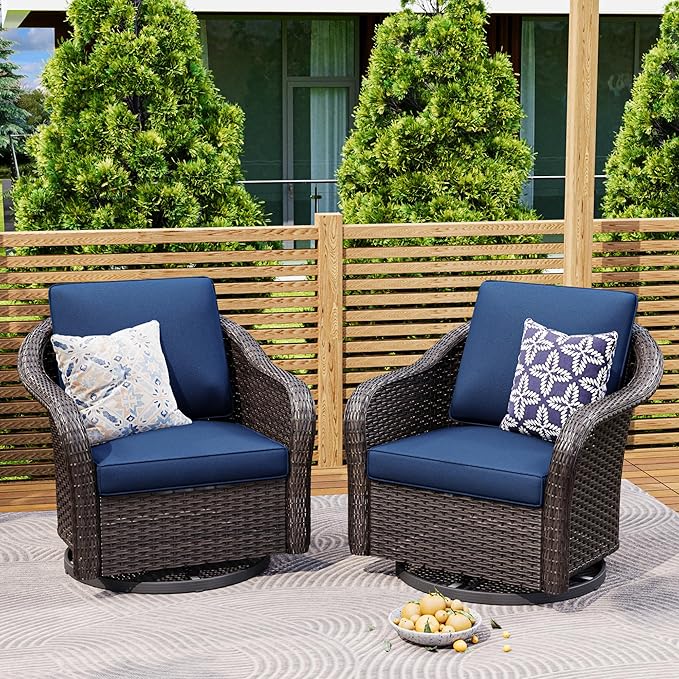 Outdoor Wicker 360 Degree Swivel Glider Rocker Chairs Set, Patio Conversation Furniture Set with Washable Cushions for Garden, Poolside (Navy Blue)
