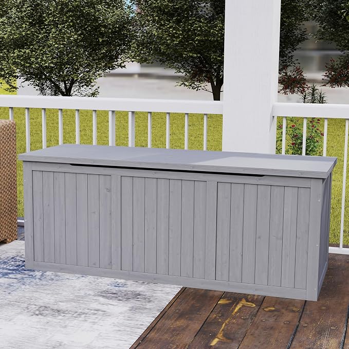 Domesto 112 Gallon Extra-Large Outdoor Deck Box, Solid Wood Storage Box Seat & Table Top, For Patio Cushions, Pool, Garden Tools (Grey, 112 Gallon)