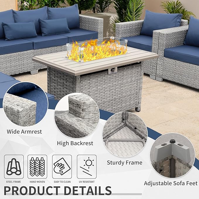 WAROOM Patio Furniture Set 6 Piece PE Rattan Outdoor Conversation Sets Grey Wicker Couch Sectional Sofa with Fire Pit Table and Navy Blue Cushion