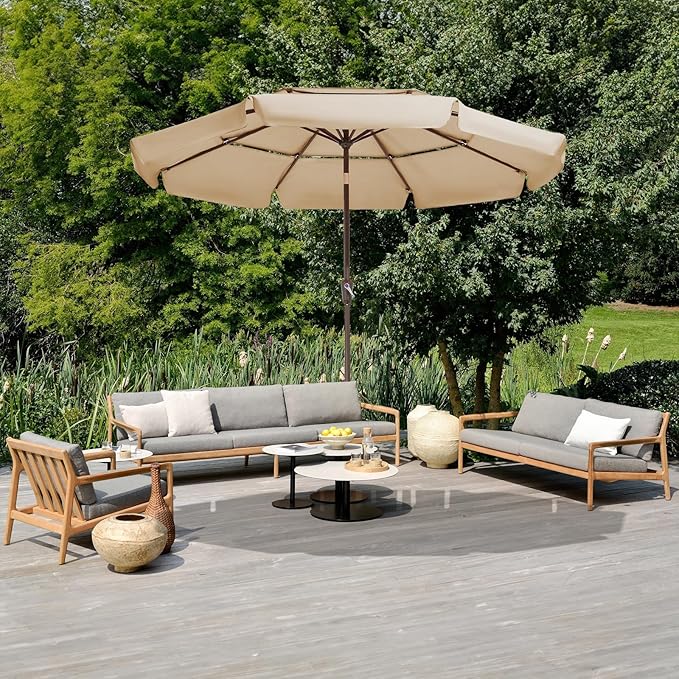 JEAREY 3 Tiers 9 FT Patio Umbrellas Outdoor Table Umbrella with Push Button Market Umbrella 8 Sturdy Ribs UV Protection Waterproof for Garden,Beige