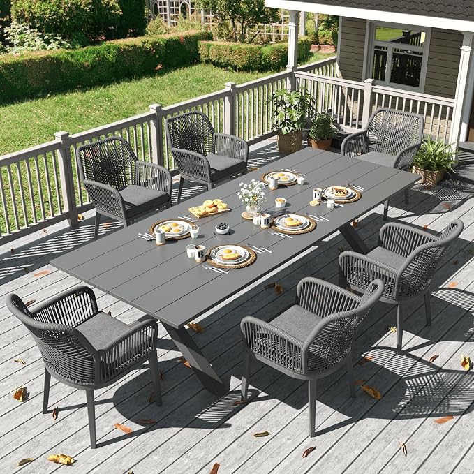 LayinSun Outdoor Dining Set for 6, 7 Pieces Patio Furniture Sets with Aluminum Dining Table and Rope Weave Chairs
