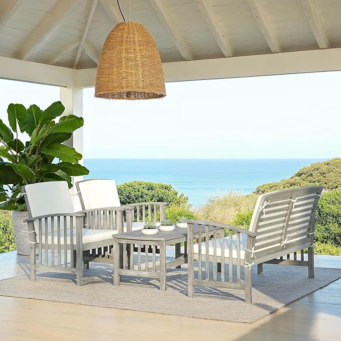 SAFAVIEH Outdoor Collection Rocklin Grey Wash/ Beige 4-Piece Conversation Patio Set with Cushions