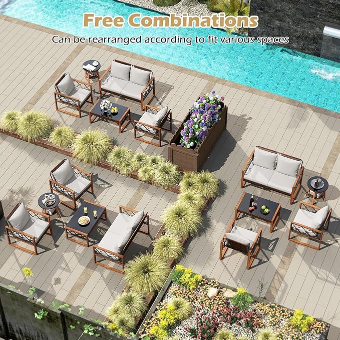 Tangkula 5 Pieces Wicker Patio Conversation Furniture Set, Outdoor Glass Coffee Tables with Acacia Wood Frame and Cushioned Armchairs for Deck, Garden and Backyard