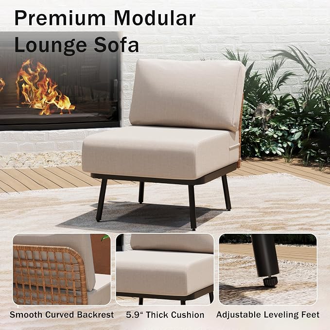 3-Piece Patio Conversation Set, Outdoor Sectional Sofa Wicker Furniture with Thick Cushions & Wood Grain Coffee Table, Small Patio Furniture for Balcony Porch