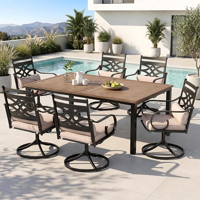 PHI VILLA 7 Piece Patio Dining Set, Rectangular Steel Table | Metal chairs, Beige Cushion, Cushions, E-coated