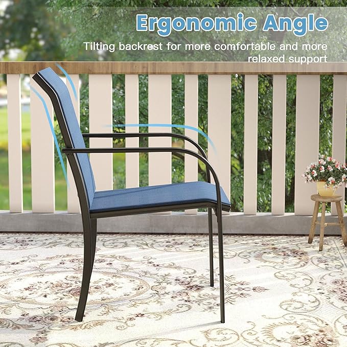 DIFY 5 Pieces Outdoor Patio Dining Set for 4, 40.2" Black Square Metal Dining Table and 4 Blue Stackable Textilene Patio Chairs, Outdoor Table and Chairs for Backyard Garden Poolside