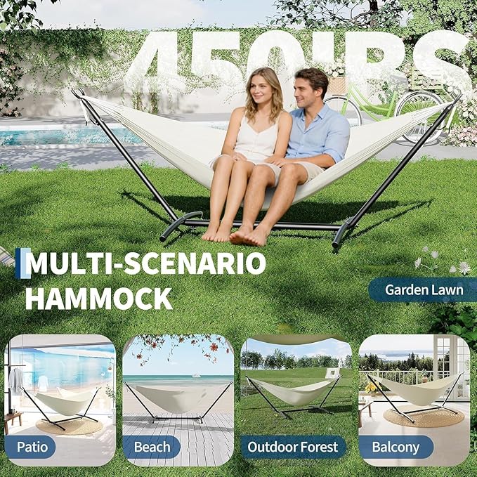 TrailBlaze Double Hammock with Stand, Heavy Duty Portable Steel Hammock Set for Outdoor and Indoor Use, 500lb Capacity, Includes Carrying Bag, Space Saving Design,Quick Assembly