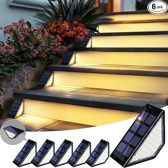 PATIOWIN 6 Pack Solar Step Lights for Outside, 24 LEDs Solar Stair Lights Waterproof IP65, Solar Deck Lights Outdoor Decor for Garden, Porch, Pathway, Patio, Fence, Balcony(Warm White)