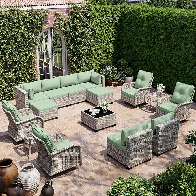 15-Piece Outdoor Patio Furniture Set with Rocking Swivel Chair, Wicker Rattan Sectional Sofa Conversation Set with Tempered Glass Table with Ottomans, Backyard Furniture, Light Green