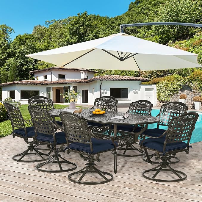 9-Piece Patio Dining Set, Outdoor Patio Table and Chair Set of 84” Oval Cast Aluminum Dining Table with Umbrella Hole, 8 Patio Dining Swivel Chairs Padded, Patio Funiture Set, Navy