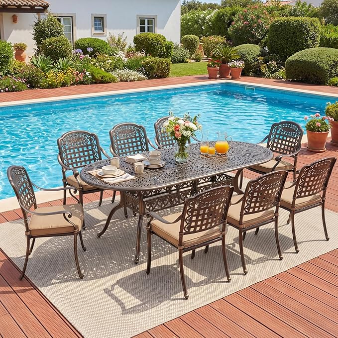 Redlife 9-Piece Cast Aluminum Outdoor Dining Set, 86" Oval Patio Table with Umbrella Hole, 8 Stackable Chairs with Cushion, Lattice Backrest, Waterproof Patio Furniture Set for Deck, Backyard