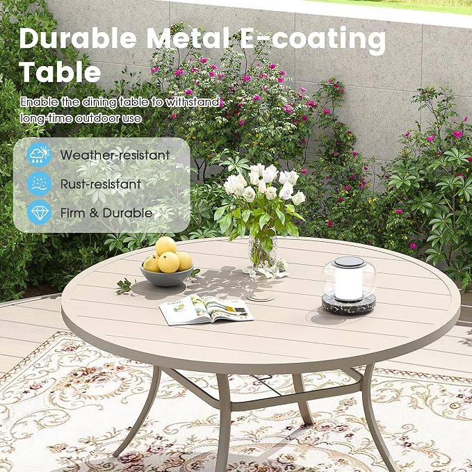 Patio Dining Table for 6-8, Round Metal Outdoor Table with 1.57" Umbrella Hole, 50" Outdoor Slat Tabletop Dining Table for Backyard, Porch, Lawn, Sand