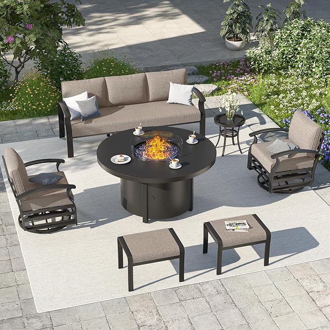 ALAULM Aluminum Patio Furniture Set with Round Propane Fire Pit Table 7-seat Metal Outdoor Furniture w/Swivel Chairs & 2 Ottomans Patio Sectional Sofas for Patio, Lawn, Poolside（Sand