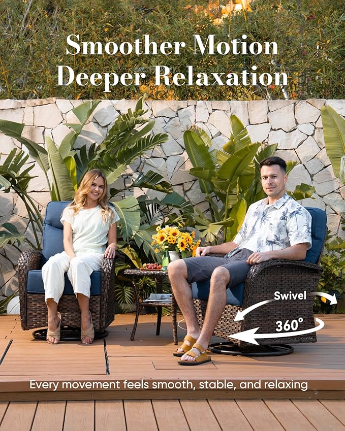 Belord Upgraded 6“ Cushion Luxury 5 Piece Patio Furniture Set with Fire Pit Table - Outdoor Furniture Set with High Back Swivel Rocker Patio Chairs, Conversation Set for Deck Porch Yard - Brown/Blue