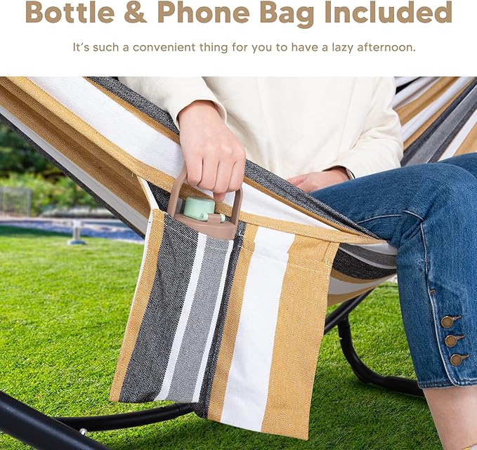 SUNCREAT Portable Large Hammock with Stand, Two Person Hammock with Stand Included, Patent Pending, Coffee White