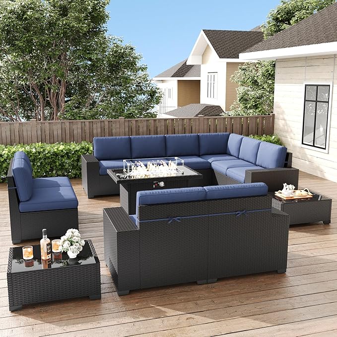 LayinSun 13 Pieces Patio Furniture Set with Fire Pit Table, Black Rattan Modular Sectional Patio Conversation Sofa Set
