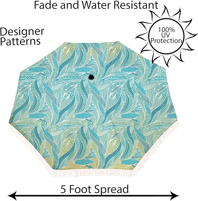 Beach Umbrella for Sand –Windproof with Sand Anchor Bag, Portable, Fringe, Denim Bag, Features Pointed Bottom,100% UV Sun Protection – Seacove