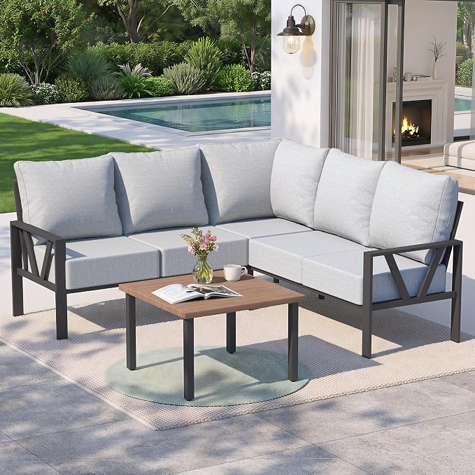 Outdoor Furniture Set, 6 Pieces Outdoor Couch Sectional, L Shaped Metal Patio Corner Sofa with 6” Thick Cushions, Patio Seating Conversation Set, Light Grey