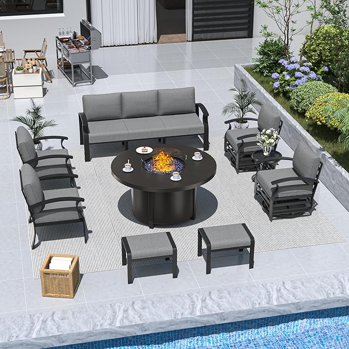 ALAULM Aluminum Patio Furniture Set with Round Propane Fire Pit Table 9-seat Metal Outdoor Furniture w/Swivel Chairs & 2 Ottomans Patio Sectional Sofas for Porch, Lawn, Poolside（Grey