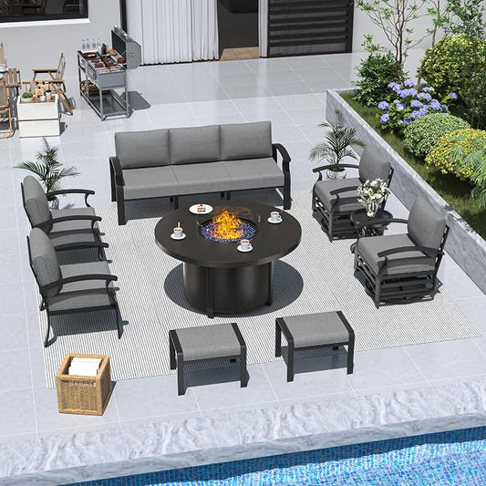 ALAULM Aluminum Patio Furniture Set with Coffee Table Rectangular, 5-seat Outdoor Sectional Furniture w/2 Swivel Chairs, Patio Conversation Set for Porch, Backyard, Poolside-Grey