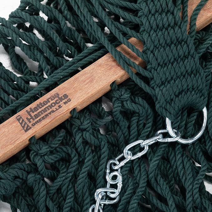 Hatteras Hammocks Large Green DuraCord Rope Hammock – 13 ft. x 55 in., 2-Person, 450 lb Capacity, Cumaru Spreader Bar, Zinc-Plated Hardware – Handcrafted in The USA