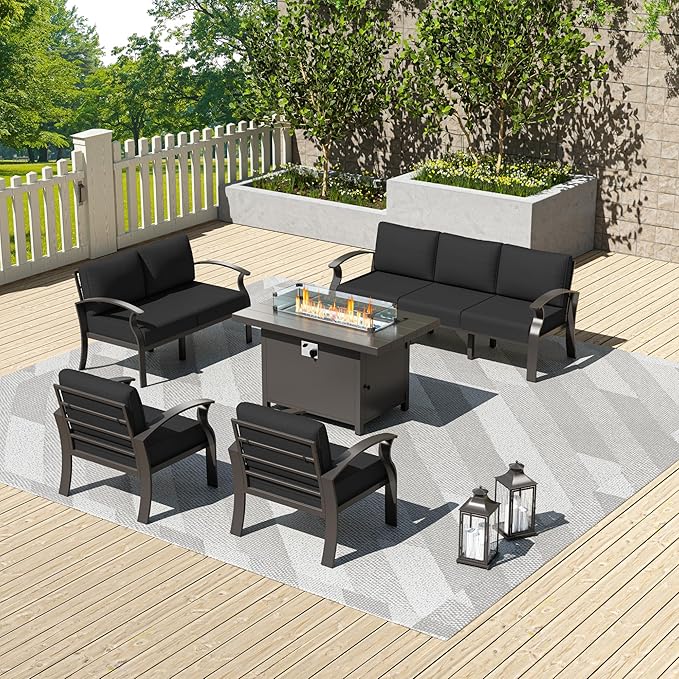 Kullavik Aluminum Patio Furniture Set with Propane Fire Pit Table,7-seat Metal Outdoor Furniture Patio Conversation Set w/5.1" Cushions for Patio,Backyard,Poolside-Black