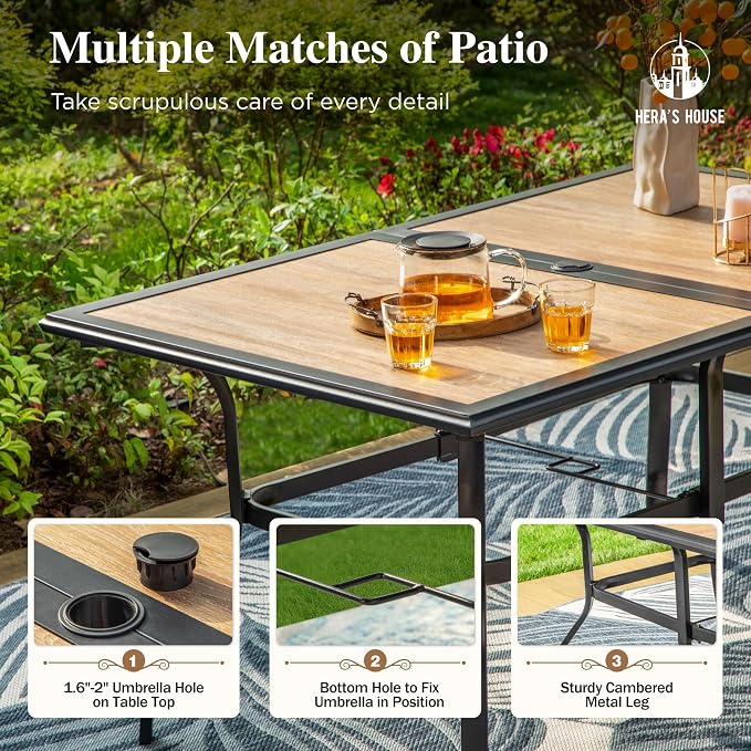 HERA'S HOUSE 7pc Patio Dining Set, Metal Table with PVC Top, Blue Chairs | 60" rectangular table with umbrella hole, 6 textilene chairs. Waterproof, rust-resistant, all-weather for yard, porch