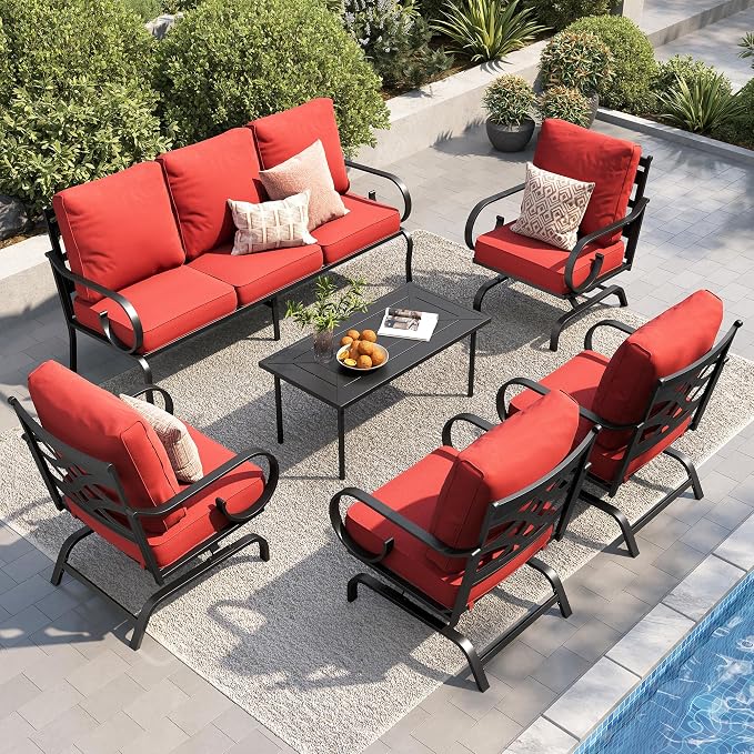 PHI VILLA Patio Furniture Set, 3-Seater Sofa, 4 Rocking Chairs and a Coffee Table, Outdoor Metal Conversation Set with 5.75" Extra Thick Cushion for Garden Backyard Deck, Red