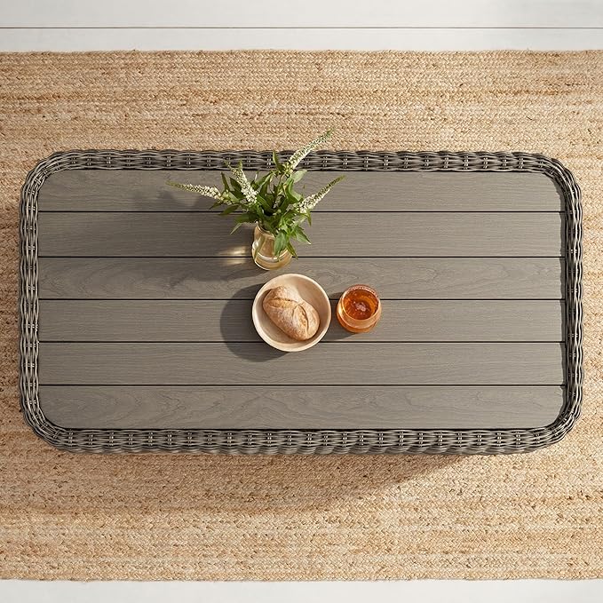 CHITA Wicker Patio Coffee Table, 41” All-Weather Rattan Outdoor Coffee Table with Wood-Grain Metal Top, Waterproof for Porch Backyard, Fully Assembled, Grey