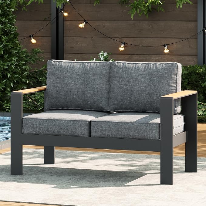 LayinSun Aluminum Outdoor Furniture Set 2 Seat Loveseat, Outside Patio Deep Seating Conversation Set with Upgraded Washable Thick Cushion