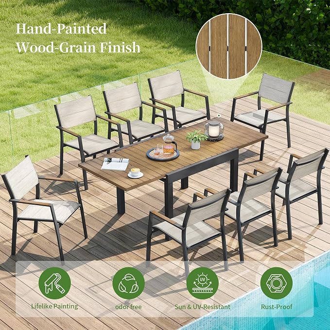 9 Piece Outdoor Dining Set, Expandable Outdoor Patio Dining Table Set for 6-8 Person, Aluminum Outdoor Table and 8 Chairs with Textilene Fabric & Armrest for Patio, Garden, Lawn, Deck(Brown)