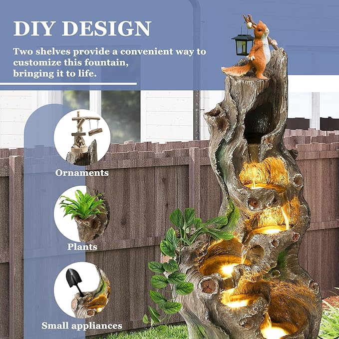 Grepatio Outdoor 6 Tier Cascading Water Fountain, 40" H Water Feature Fountain with 5 LED Lights, Large Outdoor Water Fountain with Realistic Tree Trunk Look for Garden Patio Backyard