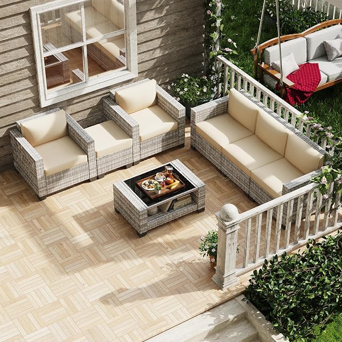 KIGOTY Patio Furniture Set 7 PCS Patio Conversation Sets, All-Weather PE Rattan Outdoor Sectional Sofa with Cushion and 2- Tier Glass Coffee Table（Grey White/Grey）