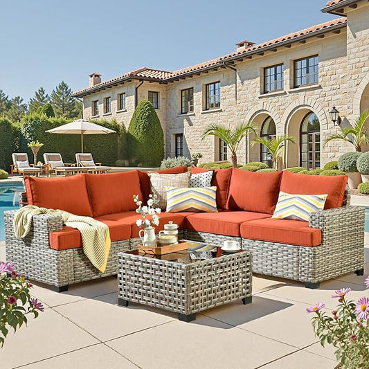 6 Pieces Outdoor Sectional Patio Furniture Set,Wicker Conversation Sets L Shaped Couch,Outdoor Sofa Outside Furniture with Solar Table Light(Red)