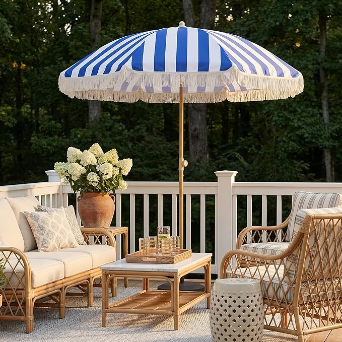 6.5FT Boho Patio Umberlla with Fringe,UPF50+ Outdoor Umbrella with Fiberglass Ribs and Push Button Tilt,Tassels Umbrella for Beach,Terrace,Picnic